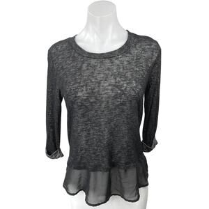 Olivia Moon Black Crew Neck Knit Satin 3/4 Sleeve Peplum Shirt Blouse Top Size S